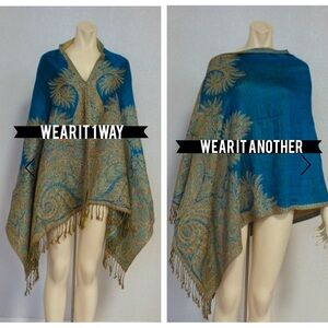 Reversible Turquoise Lightweight Swirl Pattern Poncho Shawl Pashmina
